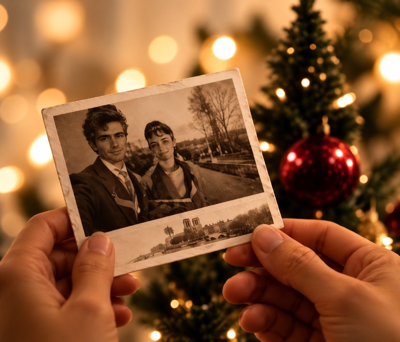 Fotografías antiguas sostenidas entre las manos frente a un árbol de Navidad