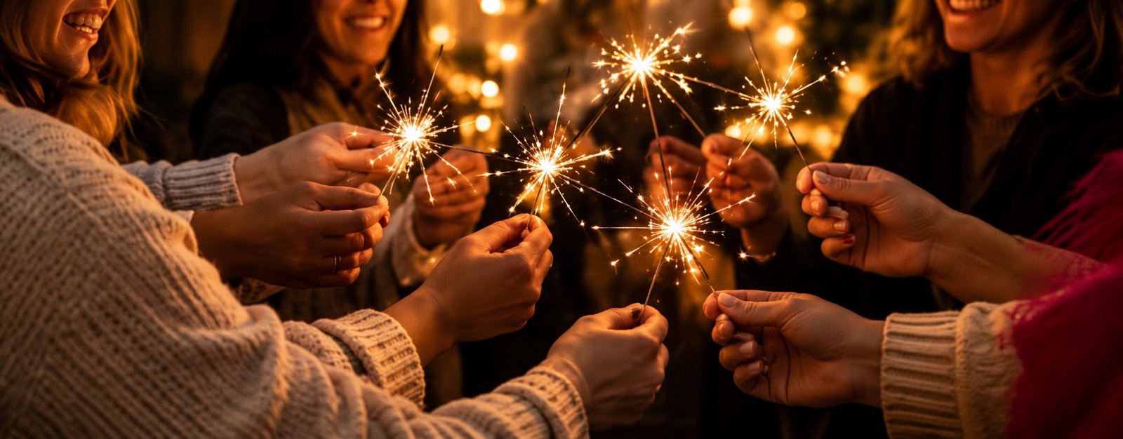 Manos de un equipo sosteniendo bengalas encendidas